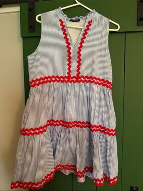 Blue & White Striped Sleeveless Dress with Red Ric Rac Trim